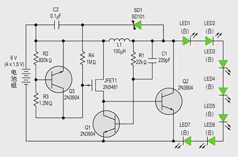 可以調(diào)節(jié)7個(gè)白光LED串亮度的低成本電感型升壓電路