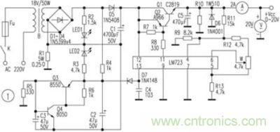 具有過(guò)流保護(hù)的直流可調(diào)穩(wěn)壓電源電路圖