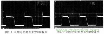 未加電感時(shí)開關(guān)管D端波形與加電感后時(shí)開關(guān)管D端波形