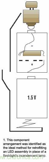 增壓電路在有兩節(jié)電池的手電筒中將代替的一節(jié)電池，LED裝置則代替白熾燈