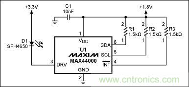 圖1：MAX44000典型電路，包括LED