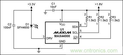 圖2：MAX44000典型電路，帶有發(fā)射器旁路