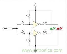 在雙門(mén)構(gòu)成的CMOS/TTL兼容探頭中，R1至R4電阻網(wǎng)絡(luò)對(duì)反相器輸入端做偏置