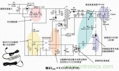 安森美半導(dǎo)體離線式第二代LED驅(qū)動(dòng)器NCP1014/1028的應(yīng)用示意圖。