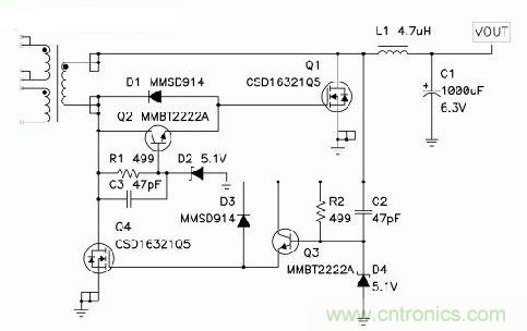 圖5 ：D2和D4限制了該同步正向驅(qū)動(dòng)器中正柵極電壓