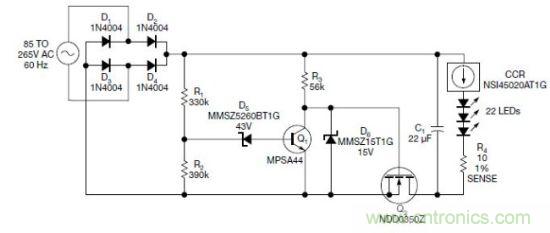 圖1：電路以恒流驅(qū)動一串LED，可用于全世界的各種交流電壓