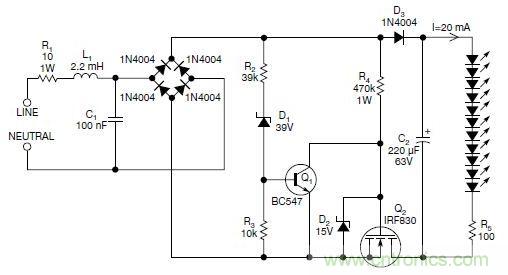 圖2：斬波工作類似圖1中的電路，但以較大的LED串聯(lián)電阻代替了恒流源，提供限流功能