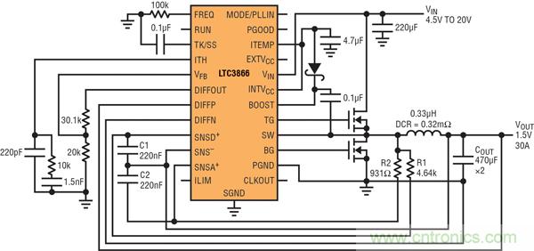 圖2：以非常低的DCR完成采樣的高效率、1.5V/30A降壓型轉(zhuǎn)換器