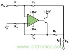 圖1. 改進(jìn)型Howland電流源驅(qū)動接地負(fù)載。