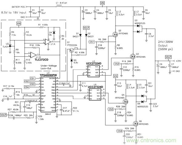 TPS40090 多相降壓控制器的 4 相、300W 升壓電源