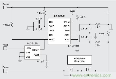 圖2 具有 bq27000 和驗(yàn)證 IC 的電路