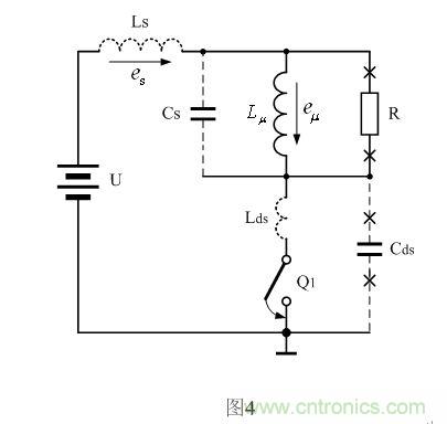 圖4是圖3中的開關(guān)管Q1導(dǎo)通時(shí)對(duì)應(yīng)的等效工作原理圖