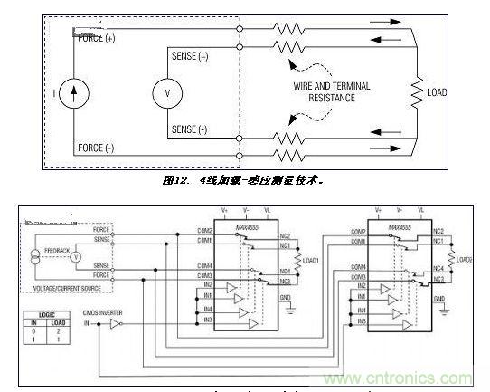 . 使用MAX4555將4線加載-感應(yīng)電路從一個源切換至兩個負載