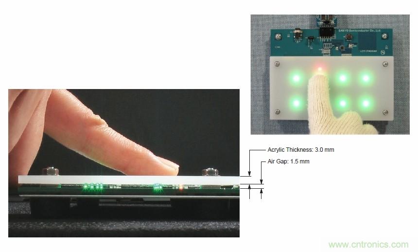圖7. 安森美半導(dǎo)體電容式觸摸傳感器具有高度靈敏度，支持戴手套觸摸，支持含氣隙應(yīng)用