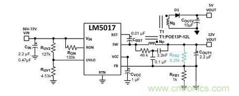 基于 LM5017 的 Fly-Buck 轉(zhuǎn)換器電路，沒(méi)有基于光耦合器的穩(wěn)壓電路