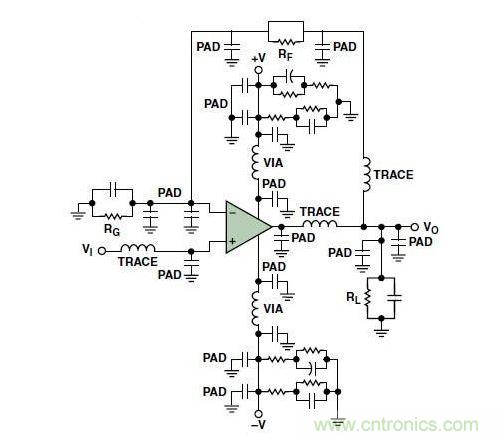 典型的運(yùn)算放大器電路，(a)原設(shè)計(jì)圖，(b)考慮寄生效應(yīng)后的圖