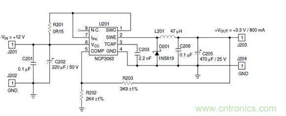 Buck電路應(yīng)用實(shí)例-輸入9～12V，輸出3.3V 800mA電路