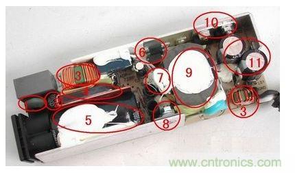 電源適配器的構(gòu)造  6 1. 壓敏電阻，其功能是當(dāng)外界電壓過(guò)高時(shí)，壓敏電阻阻值迅速變得很小，與壓敏電阻串聯(lián)的保險(xiǎn)絲被熔斷，從而保護(hù)其他電路不被燒壞。  2. 保險(xiǎn)絲，規(guī)格為2.5A/250V，當(dāng)電路中的電流過(guò)大時(shí)，保險(xiǎn)絲會(huì)熔斷以保護(hù)其他元件。  3. 電感線(xiàn)圈(又稱(chēng)扼流圈)，主要功能是降低電磁干擾。  4. 整流橋，規(guī)格為D3SB，作用是把220V交流電變?yōu)橹绷麟姟? 5. 濾波電容，規(guī)格為180μF/400V，作用是濾除直流電中的交流紋波，使電路工作更可靠。  6. 運(yùn)放IC(集成電路)，保護(hù)電路、電壓調(diào)節(jié)的重要組成部分。  7. 溫度探頭，用于探測(cè)電源適配器的內(nèi)部溫度，當(dāng)溫度高于某一設(shè)定值時(shí)(不同品牌的電源適配器，其設(shè)定的溫度閥值略有不同)，保護(hù)電路會(huì)切斷適配器的電壓輸出，從而保護(hù)適配器不受損壞。   8. 大功率開(kāi)關(guān)管，是開(kāi)關(guān)電源中的核心元件之一，開(kāi)關(guān)電源能“一開(kāi)一關(guān)”地工作，開(kāi)關(guān)管功不可沒(méi)。   9. 開(kāi)關(guān)變壓器，開(kāi)關(guān)電源中的核心元件之一。   10. 次級(jí)整流管，功能是把低壓交流電變?yōu)榈蛪褐绷麟?。在IBM的電源適配器中，整流管往往是由兩個(gè)大功率并聯(lián)工作的，以獲得較大的電流輸出。   11. 次級(jí)濾波電容，規(guī)格為820μF/ 25V，共有兩個(gè)，起濾除低壓直流電中的紋波的作用。  除上述元件外，電路板上還有可調(diào)電位器及其他阻容元件。