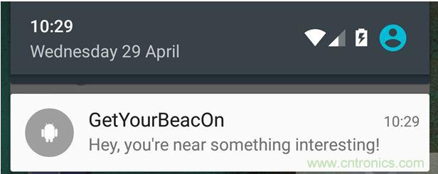 圖10 – 安卓系統(tǒng)通知，提示附近發(fā)現(xiàn)Beacon