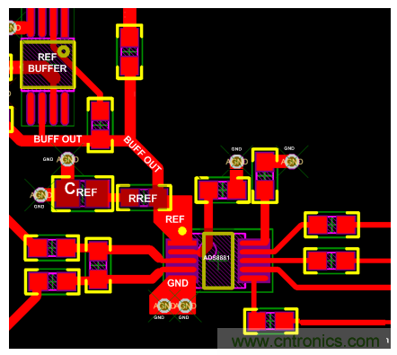 具有一個(gè)外部基準(zhǔn)和緩沖的ADC布局布線(xiàn)示例