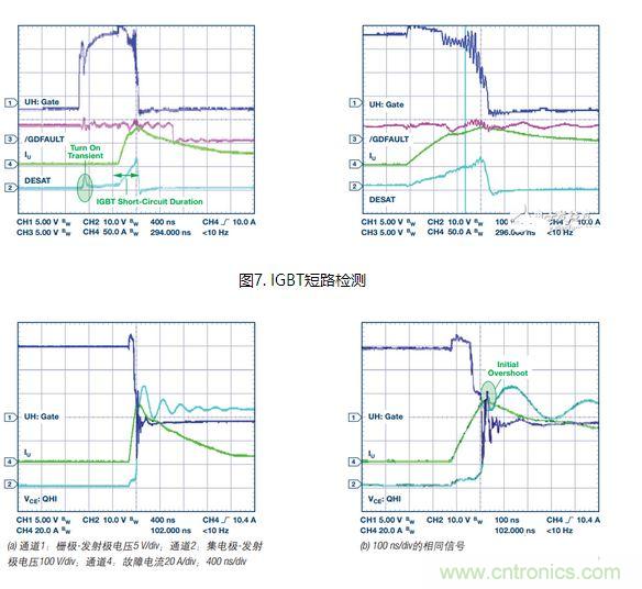 過流關(guān)斷時序延遲（通道1：柵極-發(fā)射極電壓10 V/div；通道2：來自 控制器的PWM信號5 V/div；通道3：低電平有效跳變信號5 V/div；100 ns/div）